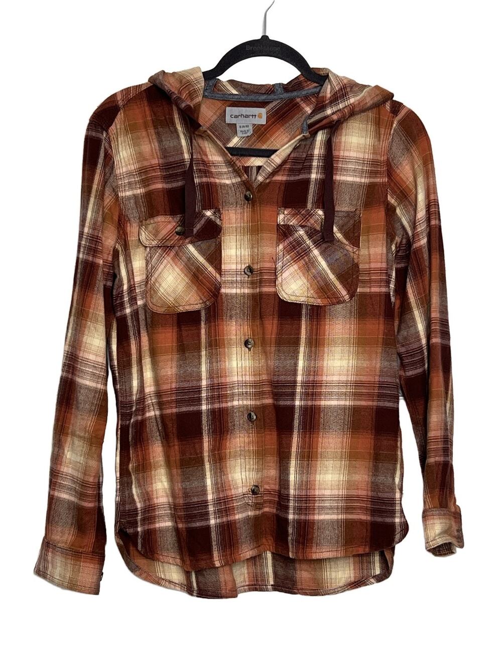 Carhartt Hooded Flannel Plaid Shirt Women's Small Orange Brown Cotton